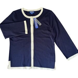 Pendleton NEW Women's Silk Blend 3/4 Sleeve Navy Cream Trim Cardigan‎ Size Small